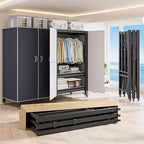 Heavy Duty Covered Clothes Rack with Magnetic Door Foldable Portable Wardrobe Closet for Hanging Clothing Rolling Black Metal
