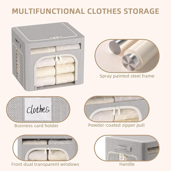 FHSQX 6 Pack Foldable Storage Bins for Clothes Clothes Storage Bins with Metal Frame Stackable Storage Box with Lid (Light Gr