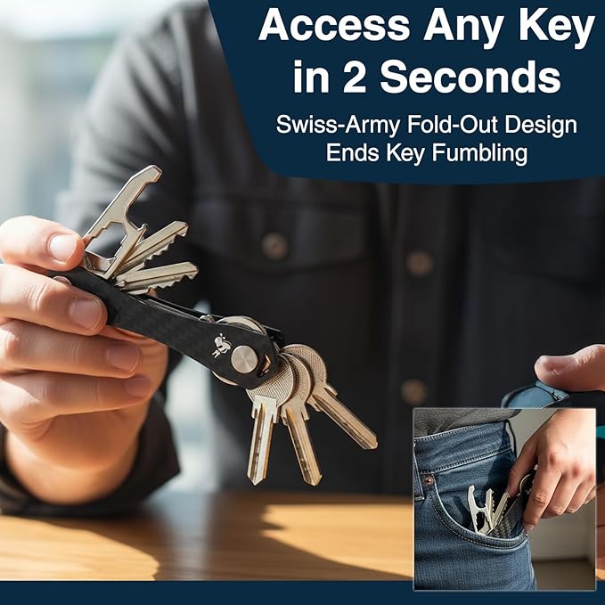 Carbon Fiber Compact Key Holder, Premium Smart Key Organizer Keychain (4-20 Slots), Heavy Duty Minimalist Multikey Folding Po