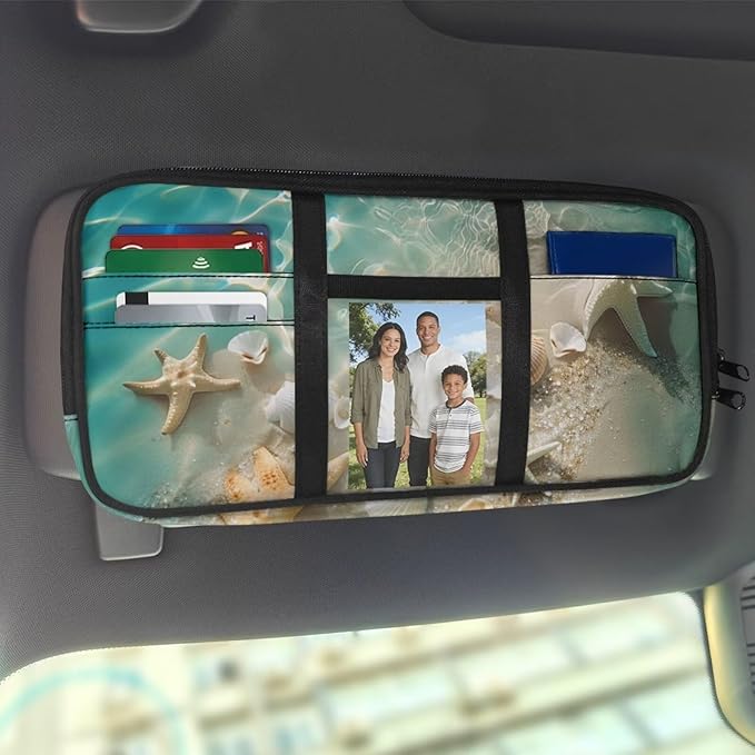 Beach Starfish Car Sun Visor Organizer for Women Men Multi-Pocket Storage Pouch with Zipper, Scratch-Resistant Auto Visor Holder for SUV, Truck Car Interior Storage Accessories