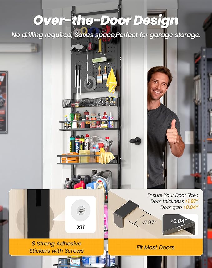 mustry Over The Door Garage Organizer, Behind The Door Storage with PegBoards and Baskets for Cleaning Supplies, Car Care, Sp