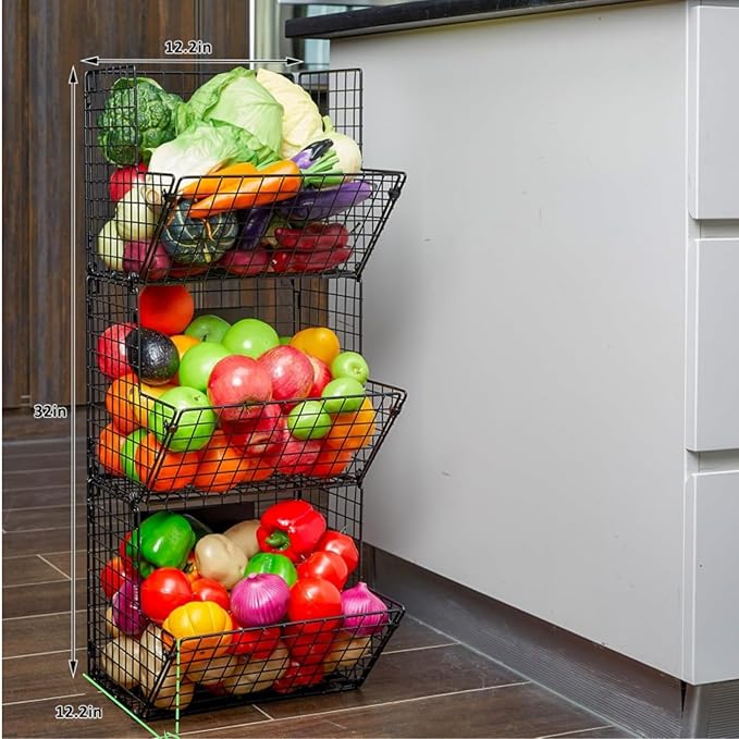 X-cosrack Metal Wire Basket Wall Mount, 3 Tier Wall Storage Basket Organizer with Hanging Hooks Chalkboards, Rustic Kitchen F
