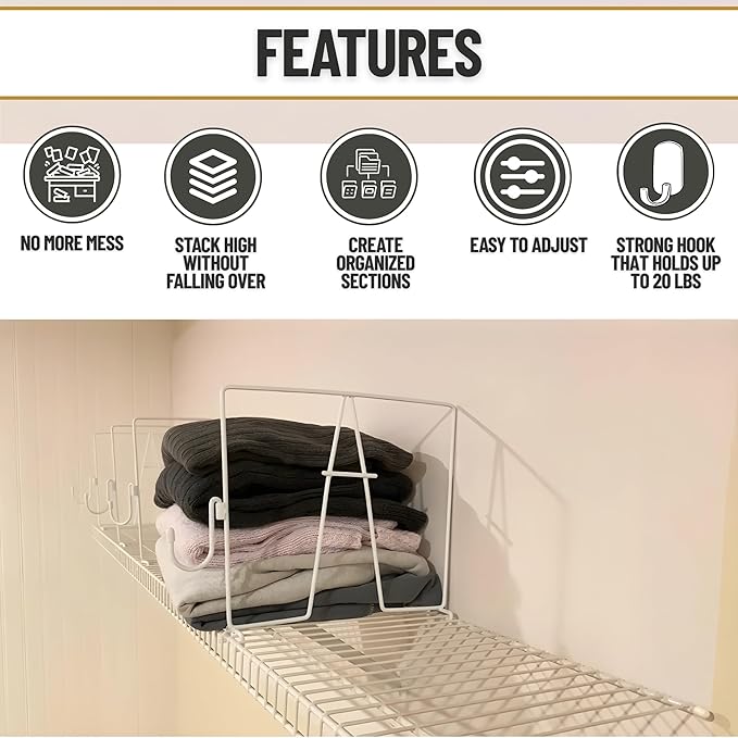 Evelots Wire Shelf Dividers - Extra Closet Organization and Storage for Home or Office -4 Pack- New Removable Hooks - Tall Sh