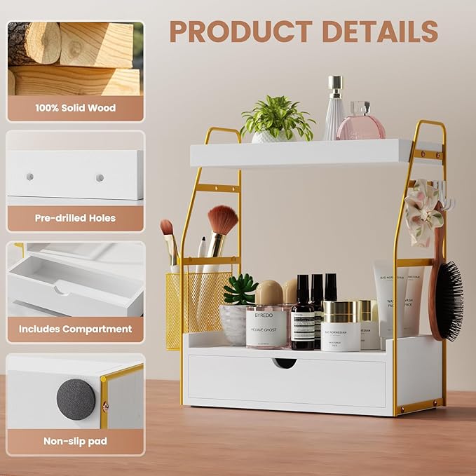 2 Tier Bathroom Counter Organizer with Drawer & Basket, Wooden Vanity Tray Countertop Shelf Accessories for Makeup Storage, C