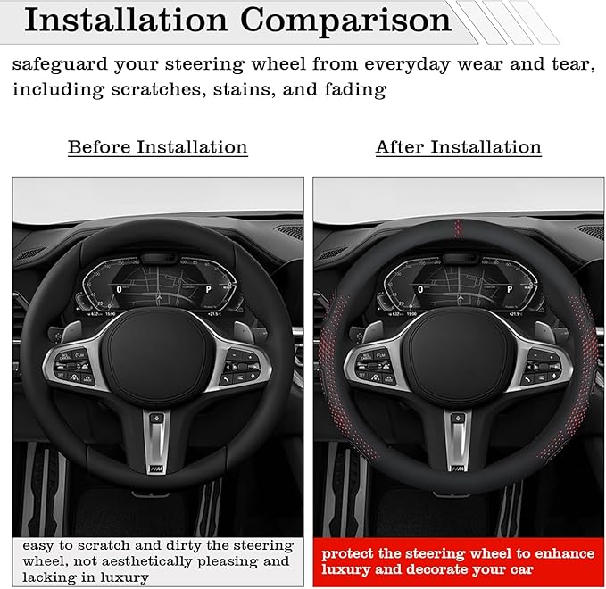 Car Leather Steering Wheel Cover - Panapi Material, Universal 14.5-15 Inch Leather Anti-Slip Breathable Auto Steering Wheel C