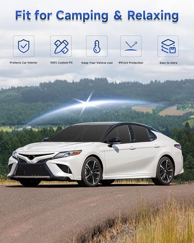 6PCS Window Shades for Toyota Camry(2012-2017) Accessories – Full Coverage Sun Shade for Side Windows, Rear Triangular & Windshield – UV Protection & Privacy for Camping, Napping, Relaxing