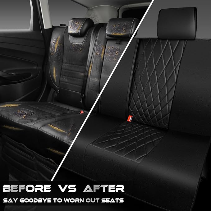 CAR PASS Luxury Faux Leather Rear Bench Car Seat Covers, Waterproof Anti Slip Back Seat Covers, Deluxe Automotive Backseat Co