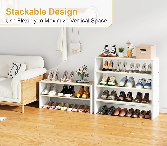 2 Pack 2 Tier Small White Shoe Rack For Closet, Stackable Shoe Shelf Organizer for 18 -24 Pairs of Shoes, Small Shoe Storage 