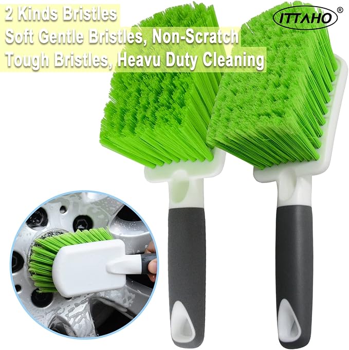 ITTAHO 2 Pack Car Wash Brush, Tire Brush for Cleaning Tires, Soft & Stiff Bristle Wheel Cleaner, Car Cleaning Supplies for Wh