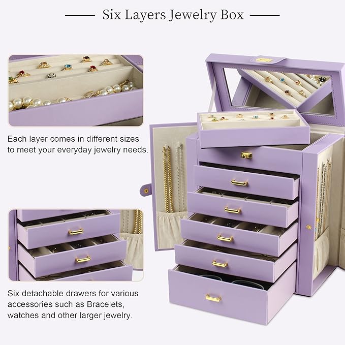 AKOZLIN Large Jewelry Box Organizer Functional with Big Mirror, Leather Jewelry Storage Case for Women Girls Ring Necklace Ea