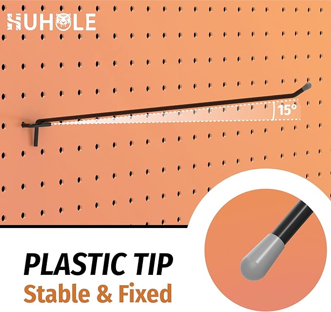 HUHOLE 25 Pack Black Pegboard Hooks 12 Inch – Heavy Duty Metal L-Hooks for 1/4" Peg Board – Garage Tool Organizer, Retail Dis