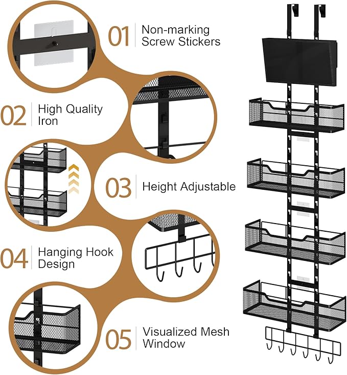 Hongtamoya Adjustable Over The Door Organizer, Closet Door Organizer Heavy Duty Hanging Door Storage with 4 Metal Baskets and