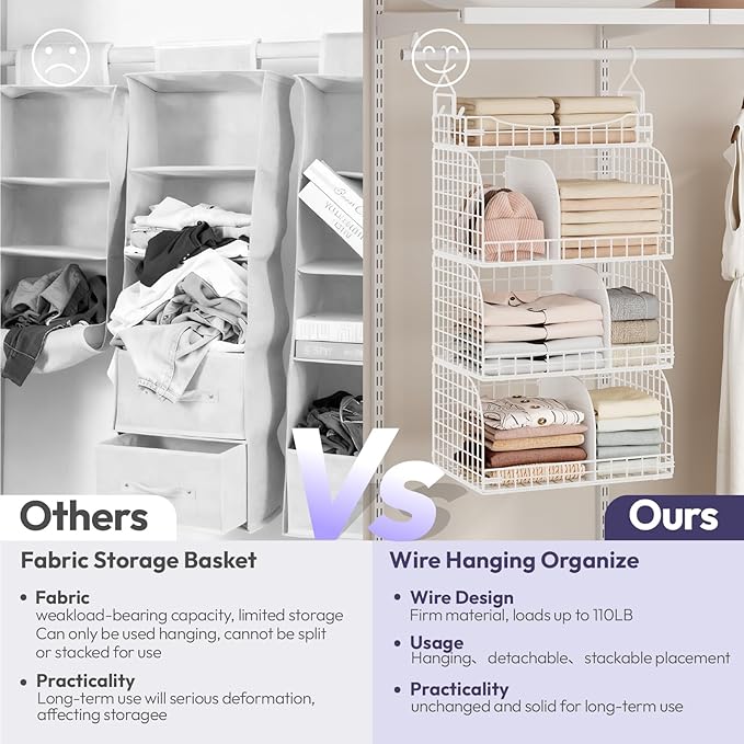 SWTYMIKI Hanging Closet Organizer Storage - 4 Tier Metal Stackable Hanging Closet Shelves with Dividers and S Hooks, Foldable