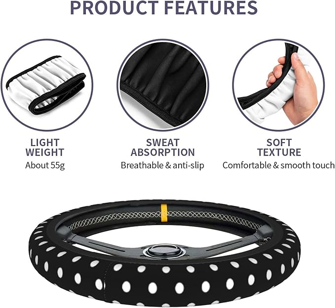 Cute Black White Polka Dots Steering Wheel Cover for Women, Universal Fit 14-15 inch,Automotive Interior Accessories Decorati