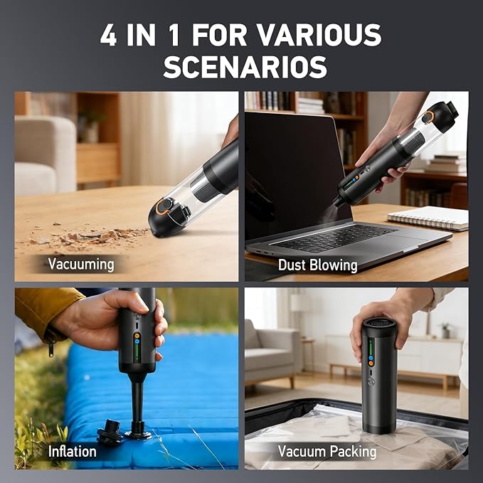 Car Vacuum Portable Cordless,18000Pa 4in1 Portable Handheld Cleaner Vacuum &Air Duster 2 Suction Modes Power Blowing&Inflatin