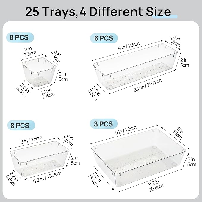 Vtopmart 25 PCS Office Desk Drawer Organizers Set, 4-Size Versatile Plastic Drawer Organizer Trays, Storage Bins for Desk Acc