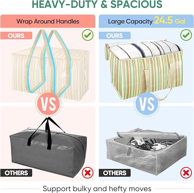 BALEINE 6-Pack Oversized Moving Bags with Reinforced Handles, Heavy-Duty Storage Tote for Clothes, Moving Supplies (Color Str