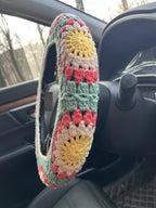 Crochet Sunflower Car Steering Wheel Covers Universal 14-15 inch for Women/Men (B:Steering Wheel Cover)