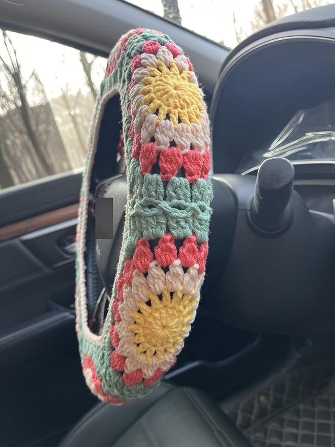 Crochet Sunflower Car Steering Wheel Covers Universal 14-15 inch for Women/Men (B:Steering Wheel Cover)