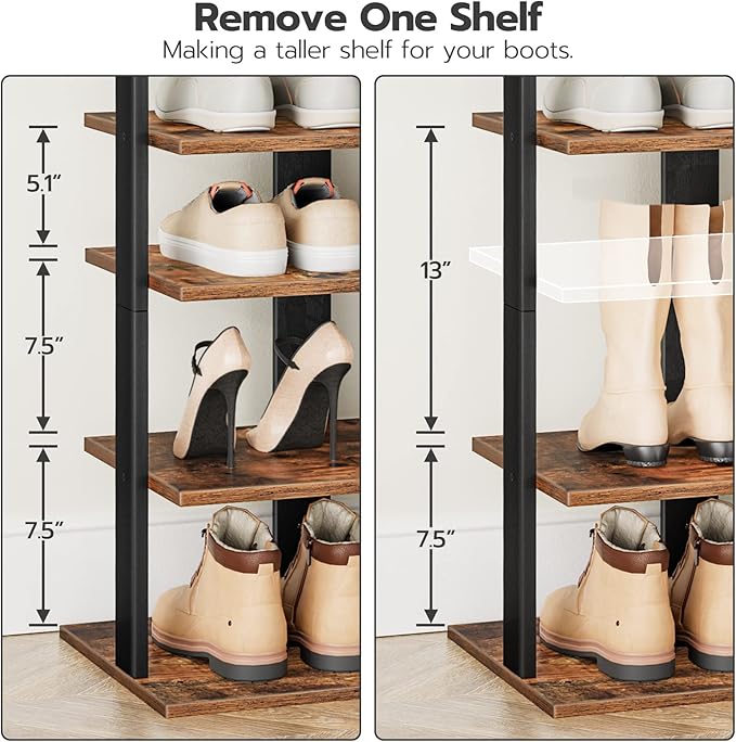 HOOBRO 8 Tiers Vertical Shoe Rack, Wooden Shoe Storage Organizer with Hooks, Narrow Shoe Tower for 16 Pairs, Space Saving, fo