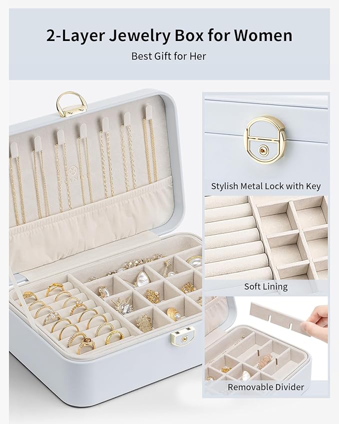 Vlando Jewelry Box Organizer for Women Girl,Lockable Jewelry Case Boxes with 2 Layers,Earrings Necklace,Rings Storage,Gift Bo