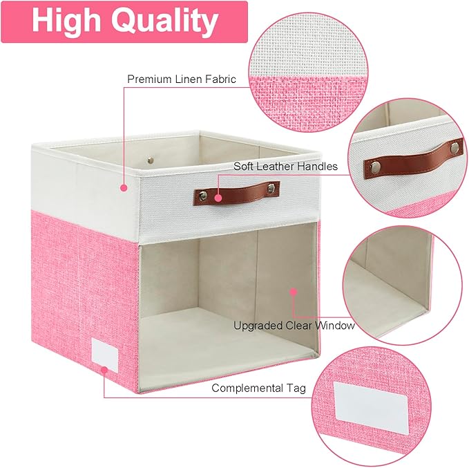 Bagnizer Storage Cubes, 4 Pack Linen Foldable Storage Bins (13 x 13 inch) with Clear Window and Handles, Fabric Organizer for