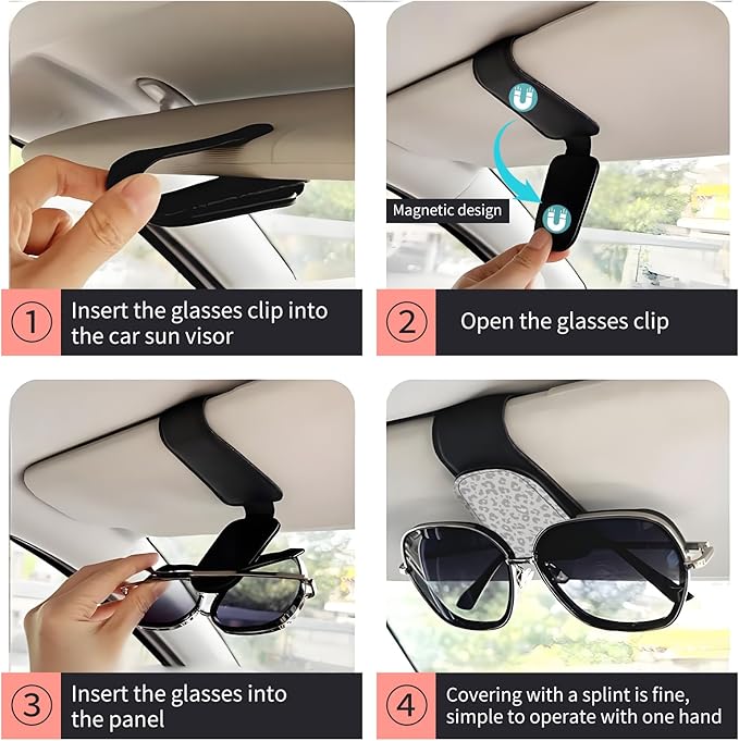 Sunglasses Holder for Car Visor, PU Leather Glasses Clip Organizer, Cute Magnetic Eyeglass Holder for Vehicle Sun Visor, Car Interior Accessory for Women & Men Snow Leopard Gray