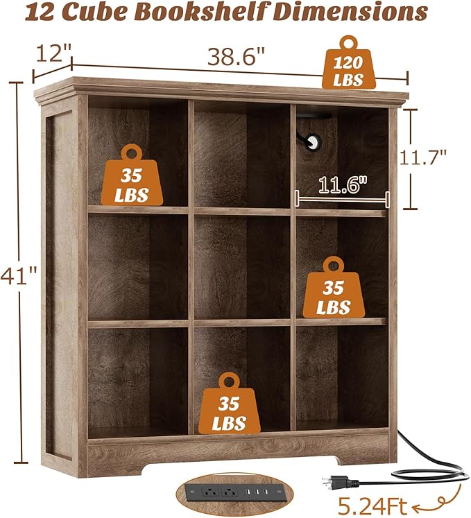 Aheaplus Wooden 9-Cube Storage Organizer with Charging Ports, Modern Cube Bookcase with Base, 4-Tier Floor Standing Open Cubb