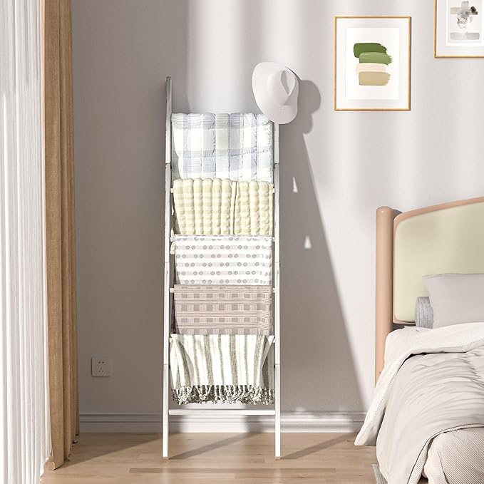 Honest Blanket Ladders for The Living Room, 6-Tier Blanket Holder, Wall-Leaning Blanket Rack, Ladder Shelves, Wooden Quilt La