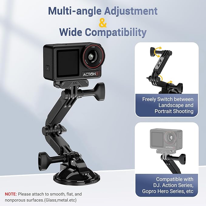 JJC Suction Cup Mount with Extension Arm for DJI Osmo Nano Action 5 Pro 4 3 Action Camera, Strong Stable Suction Cup Base Compatible with Gopro Hero 13 12 11 10, for Insta360 Ace Pro 2 Car Mount