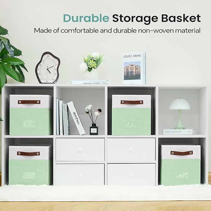 FinishingBo 6-Pack Storage Cubes with Handles & Label Holders Basket, Closet Cube Home Organizer Bins(White/Green, 10.5*10.5*