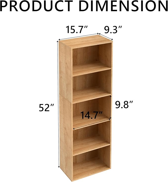 Wooden 5 Cube Storage Organizer, Oak 5 Tier Bookcase Bookshelf Freestanding Storage Display Organizer, Versatile Cubes Open S