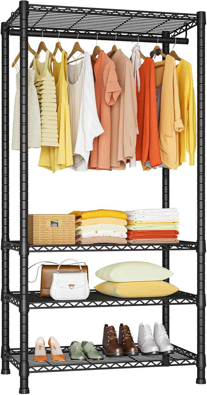 Ulif H2 Heavy Duty Clothes Rack, Freestanding 4 Tiers Garment Rack for Hanging Clothes with Shelves and Hangers, Closet Organ