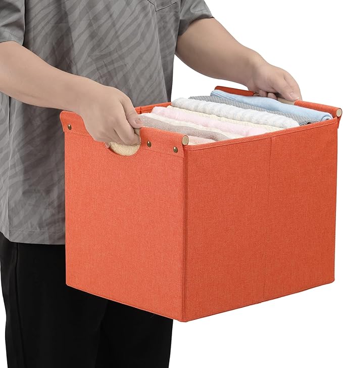 HOONEX Large Collapsible Storage Bins, Linen Fabric, Pack of 2, Storage Baskets with Wooden Carry Handles and Sturdy Heavy Ca