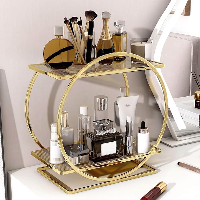 Perfume Organizer for Dresser, 2 Tier Bathroom Counter Organizers and Storage, Gold Makeup Organizer for Vanity, Bathroom Acc