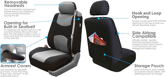 FH Group Front Set Cloth Car Seat Cover for Bucket Seats, Universal Fit, Airbag Compatible, Seat Covers for SUV, Van, Gray