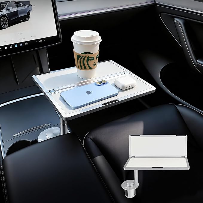 Car Table & Car Desk Tray for Round Cup Holder, 360° Rotating & Foldable Design, Easy Install, Car Accessories Compatible with Tesla