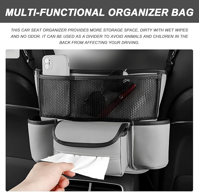Car Handbag Holder Between Seats, Large Capacity Leather Organizer Auto Purse Holder with Tissue Box, Double-Sided Central Storage Bag Front Seat Barrier for Most Vehicles (Gray)