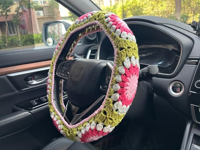 Crochet Sunflower Car Steering Wheel Covers Universal 14-15 inch for Women/Men (A,Steering Wheel Cover)