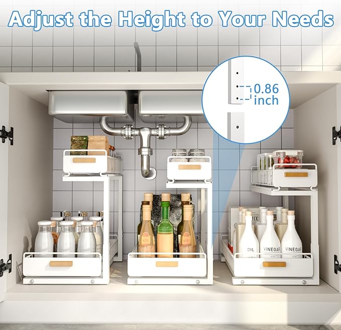 Under Sink Organizer Kitchen - Upgraded Professional Rails, 2 Tier Dual Pull Out Cabinet Storage, Height Adjustable Under Sin