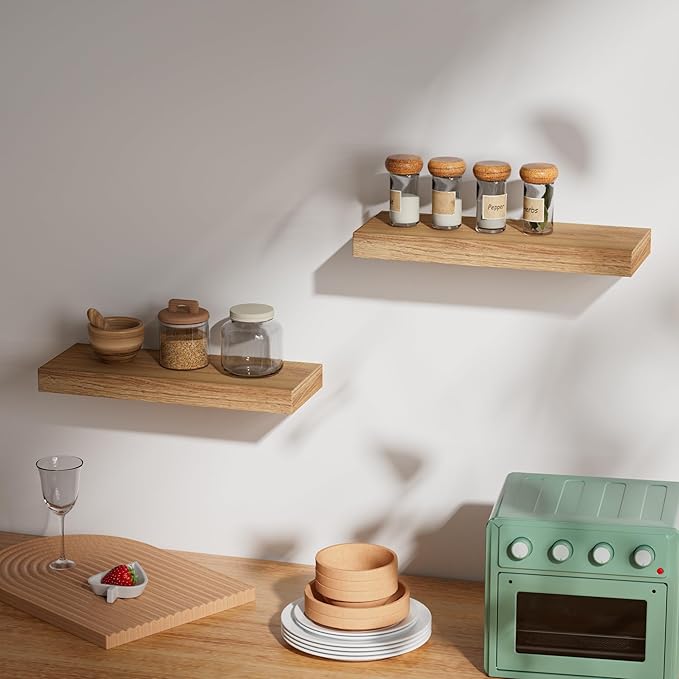 INHABIT UNION Oak Floating Shelves Wood for Wall 15.7in Wall Mounted Display Ledge Shelves Perfect for Bedroom, Bathroom, Liv