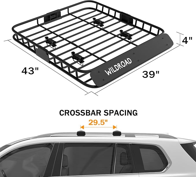 WILDROAD Roof Rack Cargo Basket, Upgraded 4” Fence Car Roof Basket, 43"x 39"x 4" Universal Car Top Luggage Holder Carrier Basket Fits for SUV Truck Cars