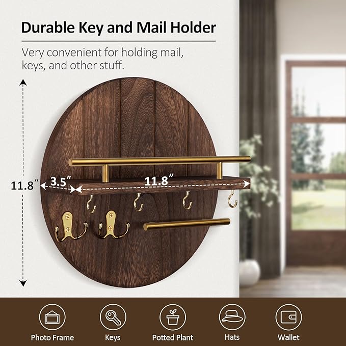 Nekon Key Holder Wall Mount, 11.8 Inch Rack With Shelf and 6 Hooks, Rustic Mail Organizer, Circular Wooden Hanger for Entrywa