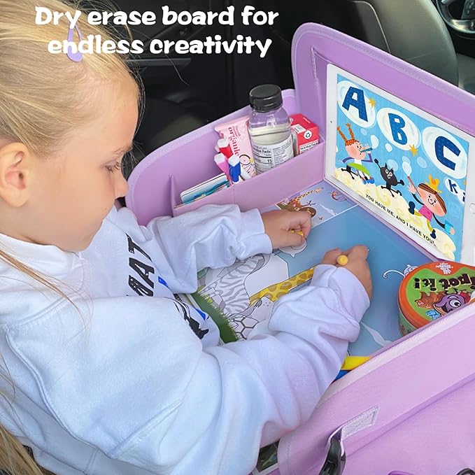 MENZOKE Kids Travel Tray for Toddler Car Seat, Toddler Gift for Girl Activities with Dry Erase Board & iPad Holder Stand, Roa