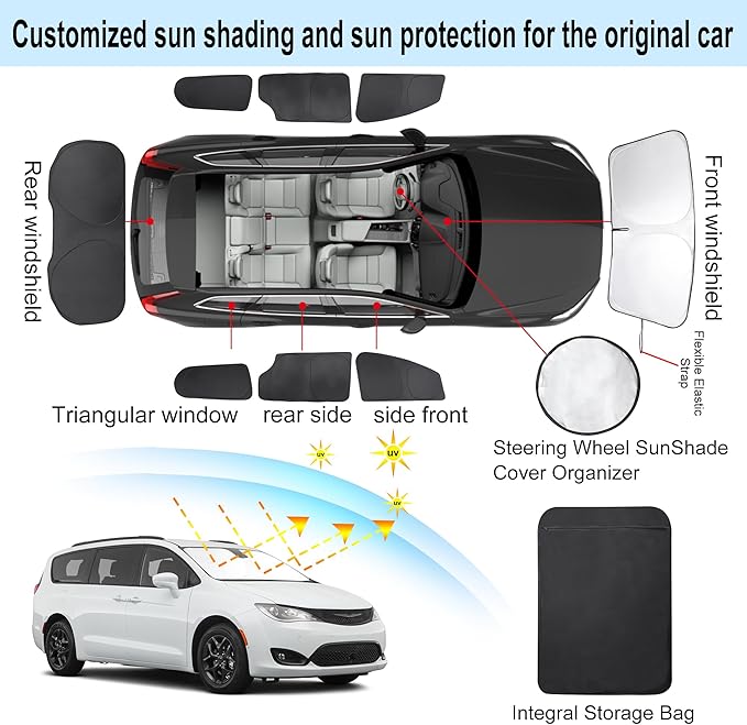 TINGLU Window Shades for Chrysler Pacifica Minivan 2017-2026 8PCS Accessories Full Windows Rear Triangular Windshield Sun Shade Sun UV Rays Privacy Protection