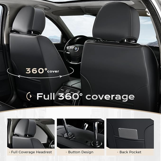 Coverado Car Seat Covers Front Set, Luxury Nappa Leather Seat Covers Universal Fit Waterproof Non-Slip Breathable Automotive 