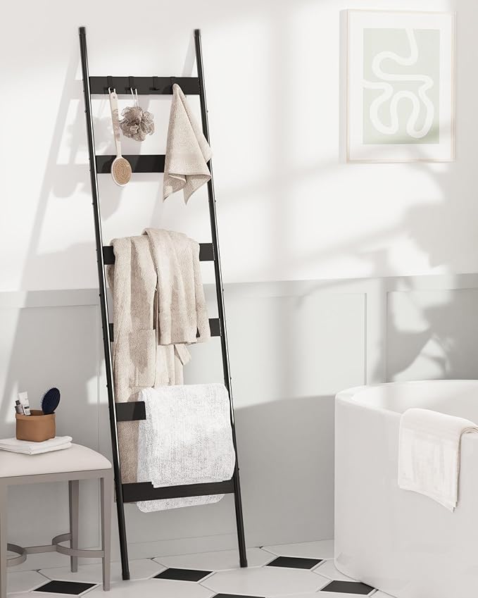 Blanket Ladder, 6-Tier Towel Holder with 4 Removable Hooks, Farmhouse Wall Leaning Decorative Rack Shelf, Wooden Towel Displa