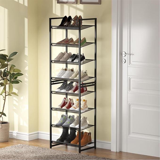 8 Tier Shoe Rack, Tall Metal Shoe Storage with Adjustable Shelves, Holds 16-20 Pairs, Stackable Shoe Stand for Garage Hallway