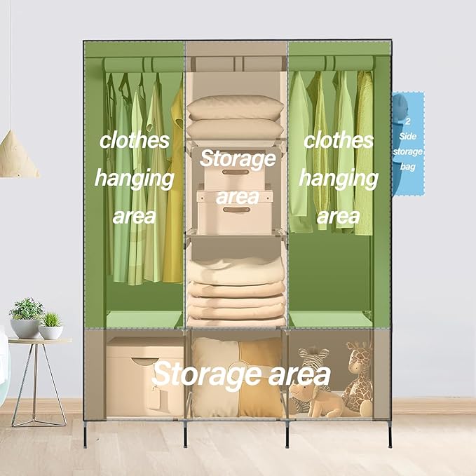 PLKO Portable Closet, Wardrobe Closet Organizer,Portable Clothes Closet Rolling Door Wardrobe with Grey Oxford Fabric Cover f