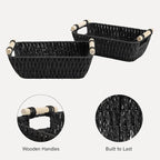 StorageWorks Black Wicker Storage Basket for Organizing with Wooden Handles, Small Woven Basket for Shelf, Toilet Paper, 2-Pa